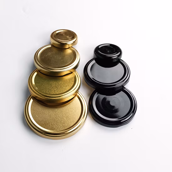 Nuevo diseño 38 mm 43 mm 48 mm 53 mm 58 mm 63 mm 70 mm 82 mm Hojalata dorada Tapa metálica giratoria para botella de vidrio